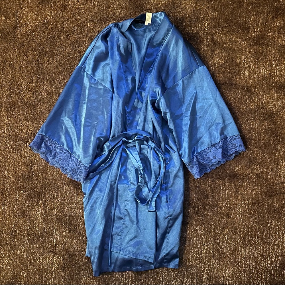 Frederick's of Hollywood Royal Blue Satin Lace-Trim Robe